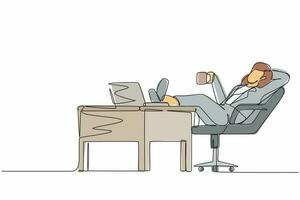 Single continuous line drawing businesswoman work relaxed at desk and drink cup of coffee. Flat design of employee character working with laptop computer. One line draw graphic vector illustration