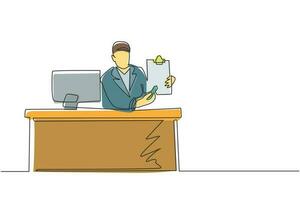 Single one line drawing smiling banking clerk showing bank credit, loan contract or mortgage agreement sitting at desk with computer. Businessman lender. Continuous line draw design graphic vector