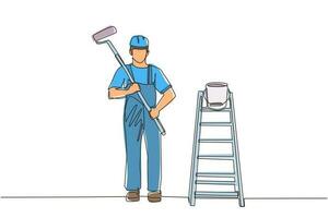 Continuous one line drawing painter man in overalls with a painting roller, with bucket and ladder. Room painter. Handyman. Construction worker. Single line draw design vector graphic illustration