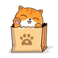 Tabby Cat in Paper Bag Cartoon - Striped Orange Pussy Cat in Shopping Bag Waving Hand vector