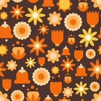 Retro flowers seamless pattern in 70s style. Vector hand drawn ornament.