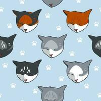 Animal seamless pattern. Sleeping cats on blue background paw prints. For textile, fabric and paper. Vector illustration in cute cartoon style