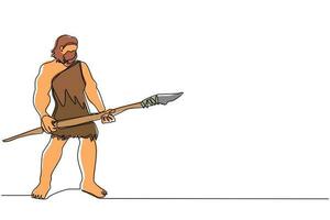 Continuous one line drawing caveman standing and holding big stone spear. Prehistoric bearded man dressed in animal pelt. Neanderthal hunter. Ancient homosapien. Single line draw design vector graphic