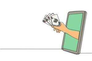 la mano del jugador de dibujo de una sola línea continua sostiene cuatro cartas de as a través del teléfono móvil. teléfono inteligente con aplicación de juegos de cartas de póquer. campeonato de transmisión de deportes móviles. ilustración de vector de diseño de dibujo de una línea