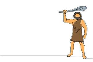 dibujo de una sola línea hombre prehistórico sosteniendo y levantando garrote por encima. hombre cazando un animal antiguo con garrote, hombre de las cavernas del período prehistórico con arma. vector de diseño de dibujo de línea continua