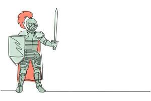 Single continuous line drawing medieval knight in armor, cape and helmet with feather. Warrior of middle ages standing, holding shield and raised sword. Chivalry figure. One line draw design vector