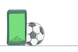 Single one line drawing smartphone and football ball. Online football games. Smartphone applications. Online soccer game with live mobile app. Continuous line draw design graphic vector illustration