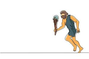 Single continuous line drawing young caveman and cudgel flat isolated. Prehistoric man hunter. Ancient man is running and hunting with cudgel. Dynamic one line draw graphic design vector illustration