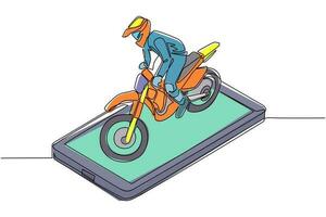 Single continuous line drawing motocross rider ride motocross bike on smartphone screen. Motocross motorcycle. Enduro, freestyle motocross extreme sport. Dynamic one line draw graphic design vector