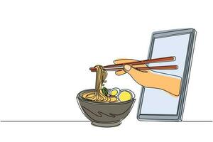 Single continuous line drawing hand holding ramen bowl with chopsticks through mobile phone. Concept of restaurant order delivery online food. Application for smartphones. One line draw design vector