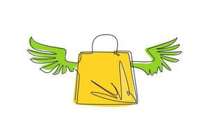 Single one line drawing shopping paper bag with wings. Flat icon isolated. Fast delivery. Stylish package for purchase. Holiday sales, discount. Continuous line draw design graphic vector illustration
