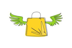 Single one line drawing shopping paper bag with wings. Flat icon isolated. Fast delivery. Stylish package for purchase. Holiday sales, discount. Continuous line draw design graphic vector illustration