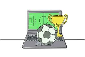 Continuous one line drawing football field on screen laptop with soccer cup and football ball. Laptop with app soccer. Online sports stream championship. Single line draw design vector illustration