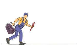 Continuous one line drawing mechanic repairman worker with tools is running. Technical service. Plumber with monkey wrench and toolbox run forward. Single line draw design vector graphic illustration