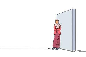 una sola línea dibujando a una mujer de negocios árabe de pie y apoyada contra la pared, pensando en algo sobre una nueva empresa comercial. de cuerpo entero o de cuerpo entero. ilustración de vector gráfico de diseño de dibujo de línea continua
