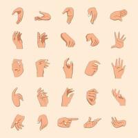 Vector illustration of hands in different gestures emotions and signs isolated on background