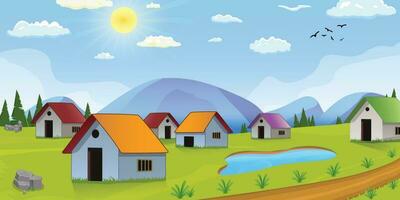 Evening village scene landscape cartoon background of green meadows and surrounded by trees and mountains. vector