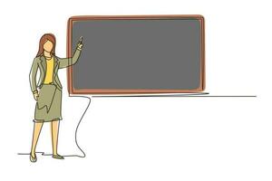 Continuous one line drawing woman teacher professor standing in front of blackboard teaching student in classroom. College class or university teacher teach in classroom. Single line design vector