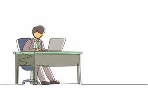 Single one line drawing male works in office. Businessman working, typing and sending messages. Work, table, computer. Workplace and communication concept. Continuous line draw design graphic vector