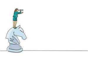 una sola línea dibujando a una mujer de negocios activa encima de una gran pieza de ajedrez de caballos usando un telescopio en busca de éxito, oportunidades, futuras tendencias comerciales. ilustración de vector de diseño de dibujo de línea continua