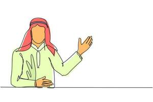 Single continuous line drawing Arabian male in traditional clothes presenting something. Young businessman showing something or presenting project. One line draw graphic design vector illustration