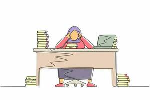 Single continuous line drawing stressed Arabian businesswoman throwing tantrum in office holding her hands to her head shouting while seated at desk surrounded by files. One line graphic design vector