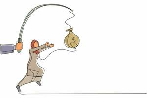 Continuous one line drawing hand with fishing pole and money bag control greedy Arab businesswoman under hypnosis. Woman running after dangling money bag, trying to catch it. Single line design vector