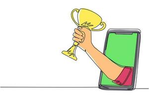 Continuous one line drawing trophy in hand coming out from mobile screen. Smartphone with app soccer football. Mobile sports stream championship to play. Single line draw design vector illustration