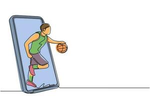 Single continuous line drawing basketball player running and dribbling with ball out of smartphone screen. Smartphone with app basketball. Dynamic one line draw graphic design vector illustration