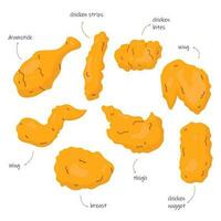 crujiente y dorado, esta vector ilustración conjunto capturas el irresistible apelación de frito pollo, Perfecto para comida diseños ese son Por supuesto a hacer bocas agua.