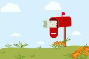 Money stacks in red open mailbox with nature background. vector