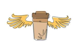 Single continuous line drawing take-out flying coffee cup with wings. disposable cardboard cup of coffee. Paper container icon. Fast food, lunch delivery program. One line draw graphic design vector