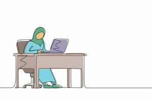 Single continuous line drawing Arab female works in office. Woman working, typing and sending messages. Work, table, computer. Workplace and communication concept. One line draw graphic design vector