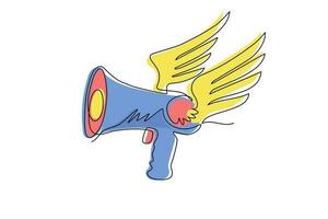 Continuous one line drawing megaphone with wings is flying. Winged logo composed with megaphone equipment. Proletarian revolution, political propaganda. Single line draw design vector illustration