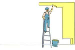 Single one line drawing painter standing on staircase paints wall. Man is holding paint roller in hand. Human runs to provide construction work. Worker in uniform. Continuous line draw design vector