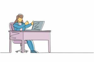 Continuous one line drawing businesswoman giving good sign in front of computer. Female in blazer operating PC while doing thumbs-up sign. Happy employee concept. Single line design vector graphic