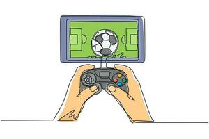 teléfono inteligente de dibujo de línea continua único conectado con gamepad y jugando juegos de fútbol. juegos de fútbol en línea. aplicaciones para teléfonos inteligentes. fútbol móvil. ilustración de vector de diseño de dibujo de una línea