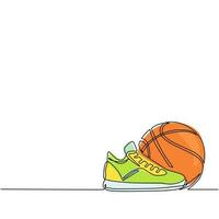 Continuous one line drawing basketball ball and shoes. Sport equipment. Basketball stuff. Competitive and competition game. Active and healthy lifestyle. Single line draw design vector illustration