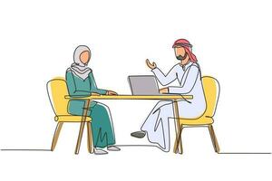 Continuous one line drawing Arabian man journalist interviewing girl at desk. Live stream, tv show. Journalist talking to guest. Broadcaster news at studio. Single line draw design vector illustration