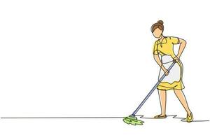 Single continuous line drawing woman mopping floor in uniform. Girl cleaner janitor cleaning office. Cleaning service, hospital disinfection. Cleaning workers. One line draw design vector illustration