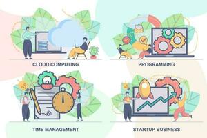 Set of web page design templates for programming, startup business, cloud computing, time management. Modern vector illustration concepts for website and mobile website development.