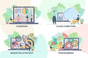 Set of web page design templates for cloud computing, programming, teamwork, marketing strategy. Modern vector illustration concepts for website and mobile website development.