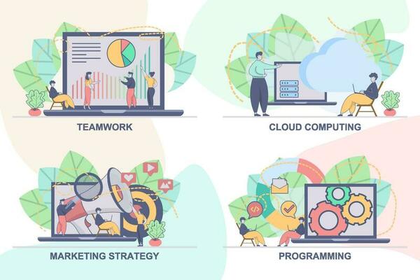 Set of web page design templates for cloud computing, programming, teamwork, marketing strategy. Modern vector illustration concepts for website and mobile website development.