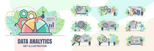 set vector design statistical and Data analysis for business finance investment concept with business people team working. Financial data analysis illustration.