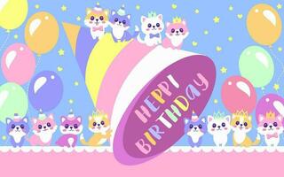 Cute puppies and kittens in crowns and caps with balloons wish happy birthday. vector