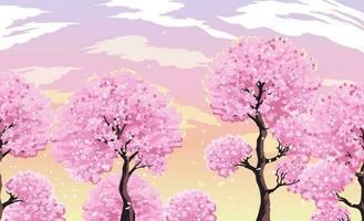 Blooming sakura trees against the evening pink sky with clouds. vector