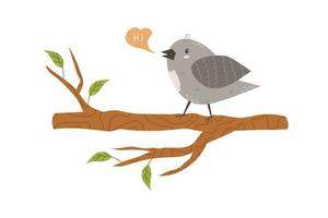 Cute bird sits on a tree branch. Funny curious sparrow. Charming funny wild bird, feathered on a twig. Flat vector stock illustration isolated on white background. Spring bird on a blossoming tree.