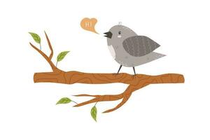 Cute bird sits on a tree branch. Funny curious sparrow. Charming funny wild bird, feathered on a twig. Flat vector stock illustration isolated on white background. Spring bird on a blossoming tree.