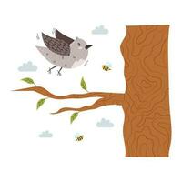 Cute bird sits on a tree branch. Funny curious sparrow. Charming funny wild bird, feathered on a twig. Flat vector stock illustration isolated on white background. Spring bird on a blossoming tree.