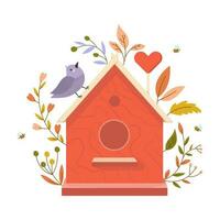 Wooden colorful birdhouse with small birds. House for feathered animals. Spring time for nesting. Ornamental leaves and flowers on an isolated white background. Stock vector illustration.